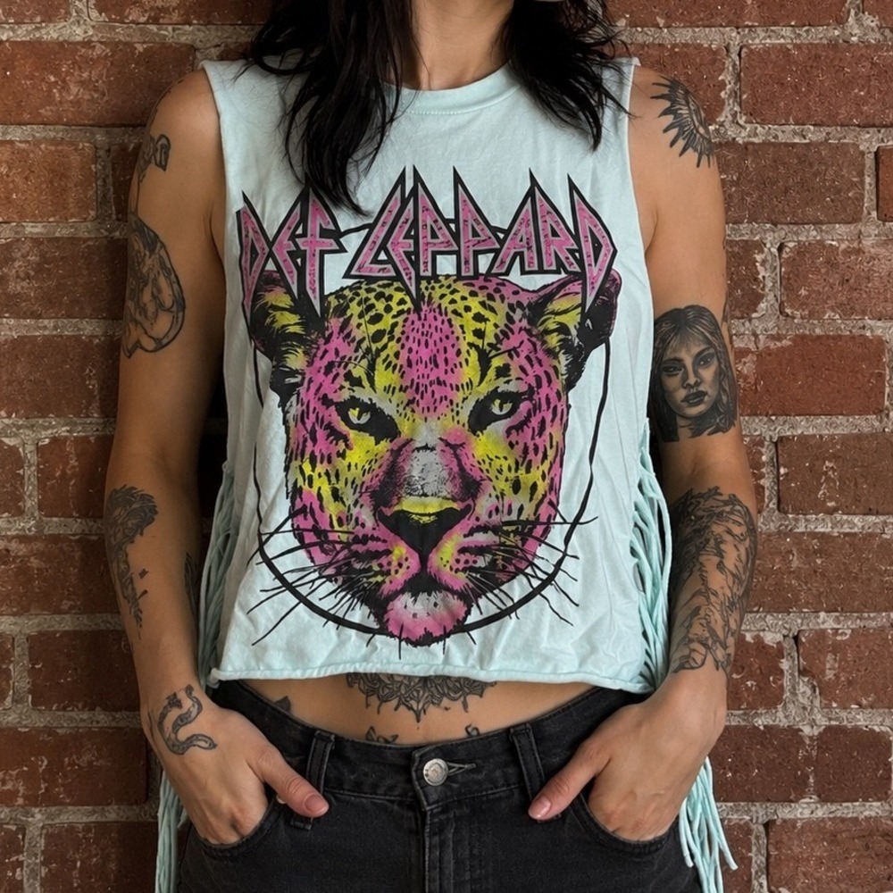 Def Leppard Graphic Tank Top Fringe Cropped Muscle Tee XS Cotton Grunge Festival